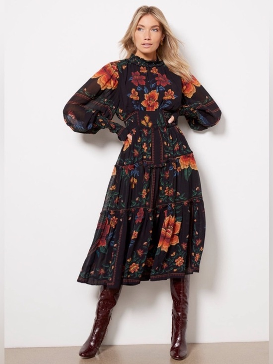 FARM Rio Dresses & Skirts - Farm Rio Macaws Garden Floral Long Sleeve Midi Dress Size Medium